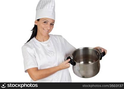 Pretty cook girl with a pot isolated on white background