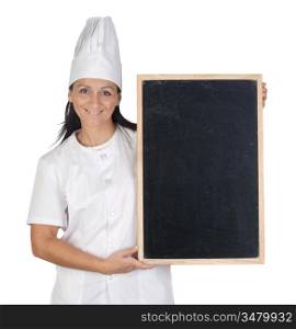 Pretty cook girl with blank slate isolated on white background