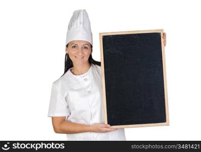 Pretty cook girl with blank slate isolated on white background