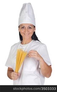 Pretty cook girl with long spaghetti isolated on white background