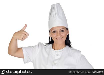 Pretty cook girl with uniform accepting isolated on white background