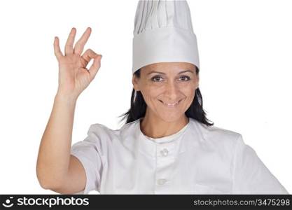 Pretty cook girl with uniform accepting isolated on white background