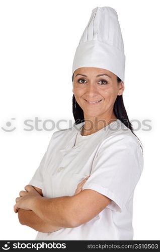 Pretty cook girl with uniform isolated on white background