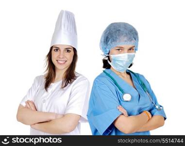 Pretty cook woman and attractive doctor isolated on white background