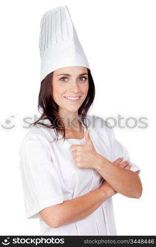Pretty cook woman saying Ok isolated on white background