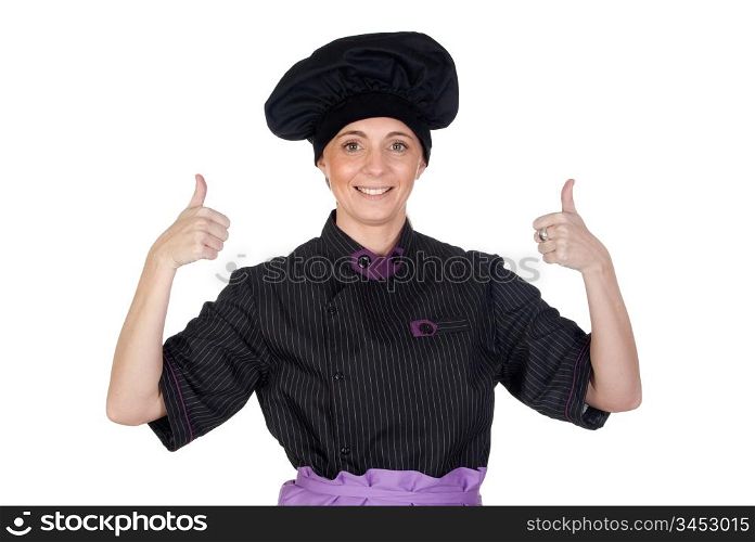 Pretty cook woman saying OK on white background