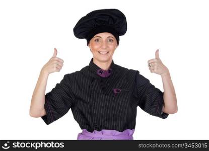 Pretty cook woman saying OK on white background