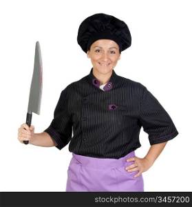 Pretty cook woman with big knife on white background