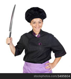 Pretty cook woman with big knife on white background