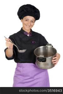 Pretty cook woman with big pot isolated on white background
