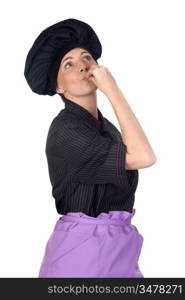 Pretty cook woman with black uniform isolated on white background