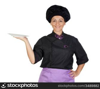 Pretty cook woman with black uniform isolated on white background