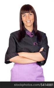 Pretty cook woman with black uniform isolated on white background