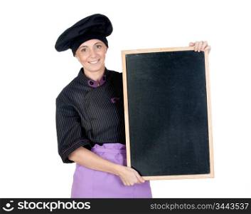 Pretty cook woman with blackboard isolated on white background