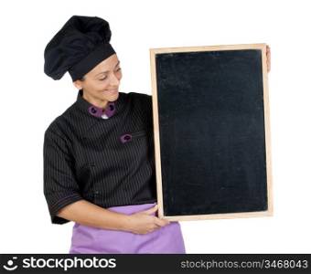 Pretty cook woman with blackboard isolated on white background