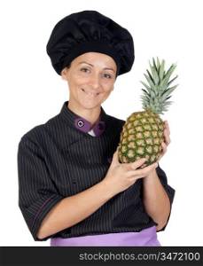 Pretty cook woman with pineapple isolated on white background