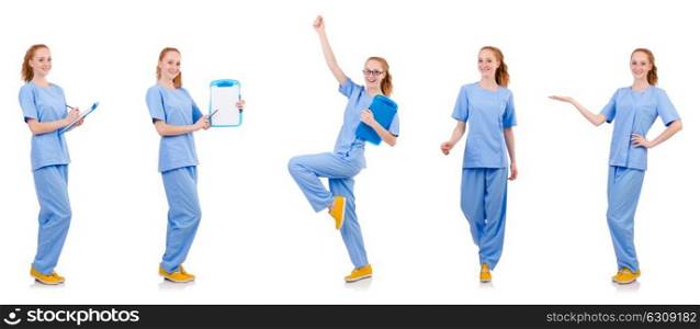 Pretty dancing doctor in blue uniform with documents isolated on white. Pretty dancing doctor in blue uniform with documents isolated
