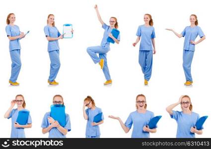 Pretty dancing doctor in blue uniform with documents isolated on white. Pretty dancing doctor in blue uniform with documents isolated