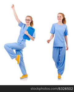 Pretty dancing doctor in blue uniform with documents isolated on white. Pretty dancing doctor in blue uniform with documents isolated