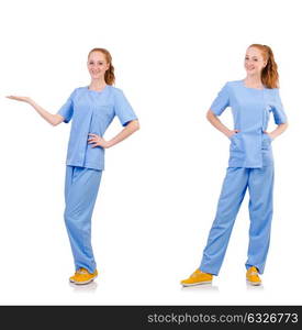 Pretty dancing doctor in blue uniform with documents isolated on white. Pretty dancing doctor in blue uniform with documents isolated