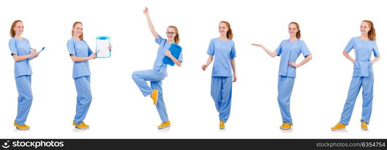 Pretty dancing doctor in blue uniform with documents isolated on white. Pretty dancing doctor in blue uniform with documents isolated