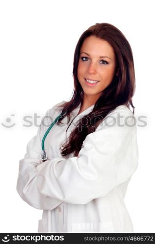 Pretty doctor girl isolated on a white background