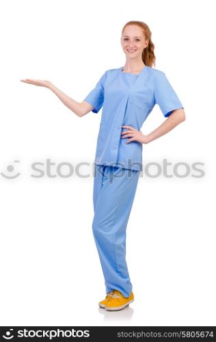 Pretty doctor in blue uniform holding hands isolated on white