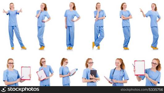 Pretty doctor in blue uniform isolated on white