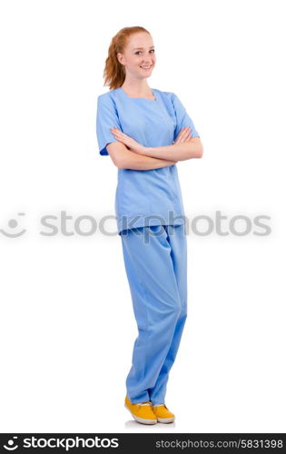 Pretty doctor in blue uniform isolated on white