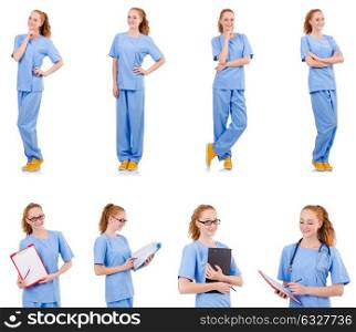 Pretty doctor in blue uniform isolated on white. The pretty doctor in blue uniform isolated on white