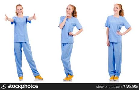 Pretty doctor in blue uniform isolated on white