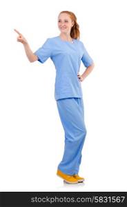 Pretty doctor in blue uniform pressing virtual buttons isolated on white