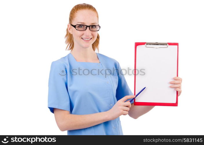 Pretty doctor in blue uniform showing notes isolated on white