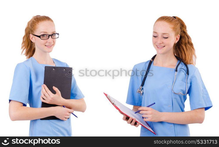 Pretty doctor in blue uniform with documents isolated on white