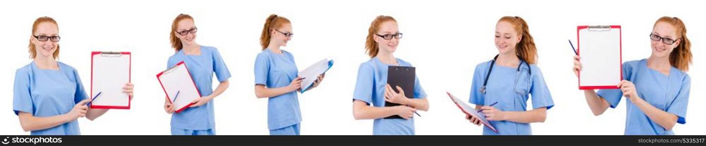 Pretty doctor in blue uniform with documents isolated on white