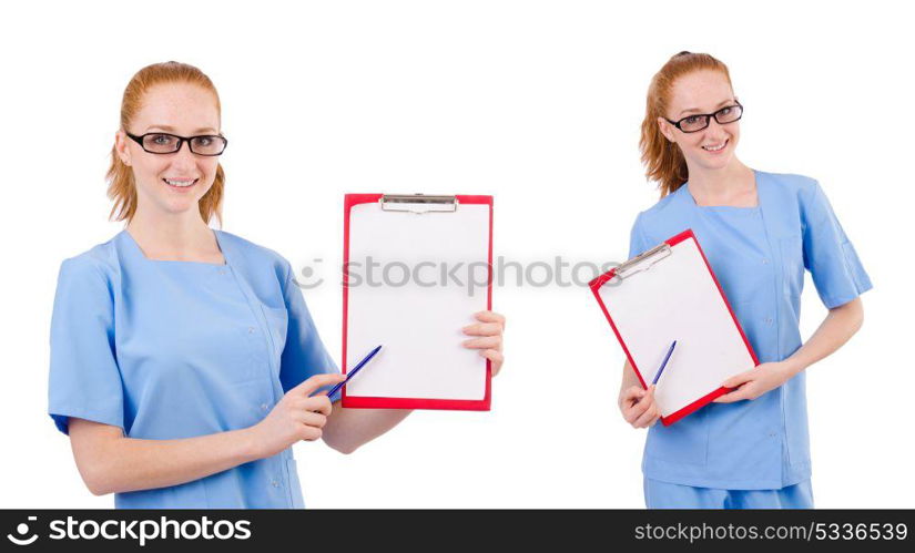 Pretty doctor in blue uniform with documents isolated on white