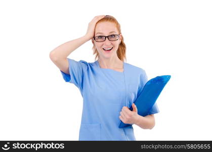 Pretty doctor in blue uniform with documents isolated on white