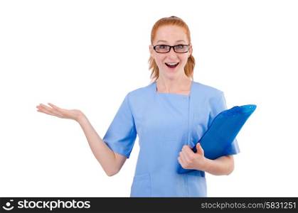 Pretty doctor in blue uniform with documents isolated on white