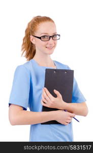 Pretty doctor in blue uniform with documents isolated on white