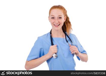 Pretty doctor in blue uniform with stethoscope isolated on white