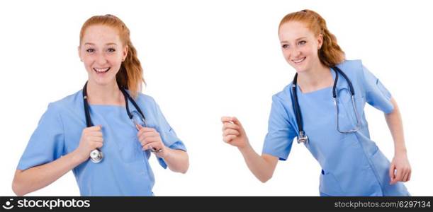 Pretty doctor in blue uniform with stethoscope isolated on white. Pretty doctor in blue uniform with stethoscope isolated on whi