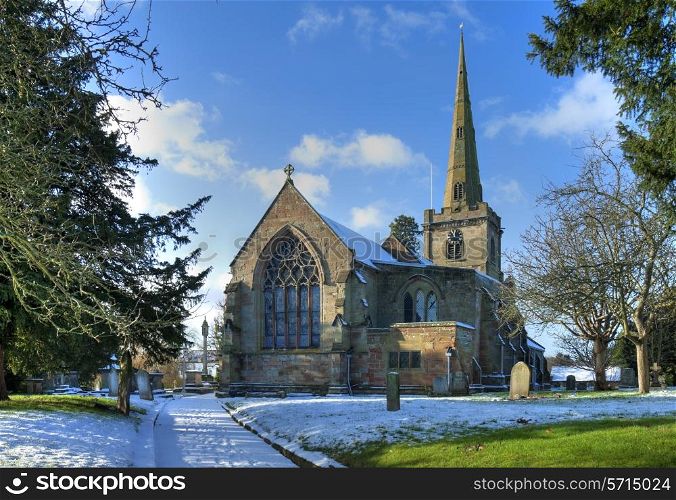 Pretty English church in winter, Chaddesley Corbett, Worcesershire, England.