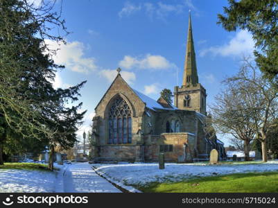 Pretty English church in winter, Chaddesley Corbett, Worcesershire, England.