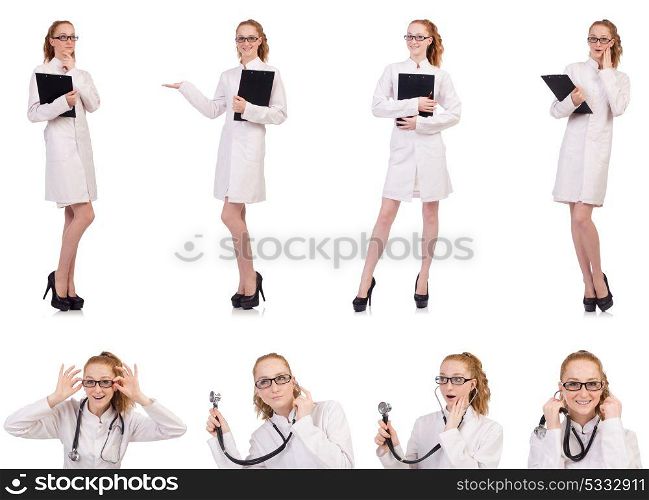 Pretty female doctor holding diary isolated on white