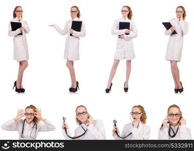 Pretty female doctor holding diary isolated on white