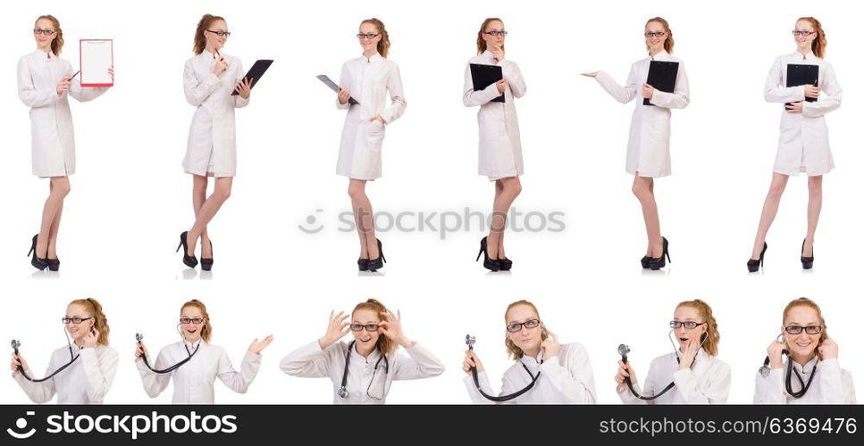 Pretty female doctor holding diary isolated on white