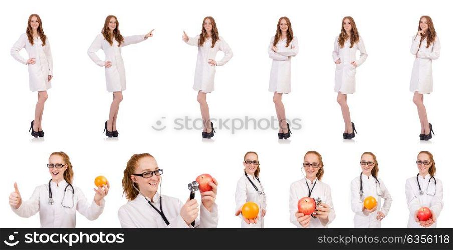 Pretty female doctor isolated on white