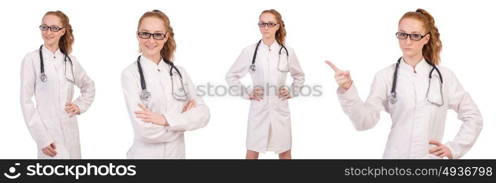 Pretty female doctor with stethoscope isolated on white