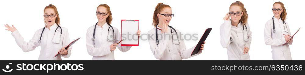 Pretty female doctor with stethoscope isolated on white