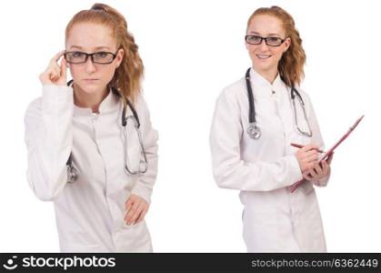 Pretty female doctor with stethoscope isolated on white